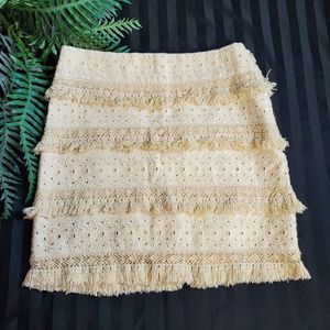 Anthropologie HD in Paris Skirt Size 4 Eyelet Fringe Tiered Short Cream